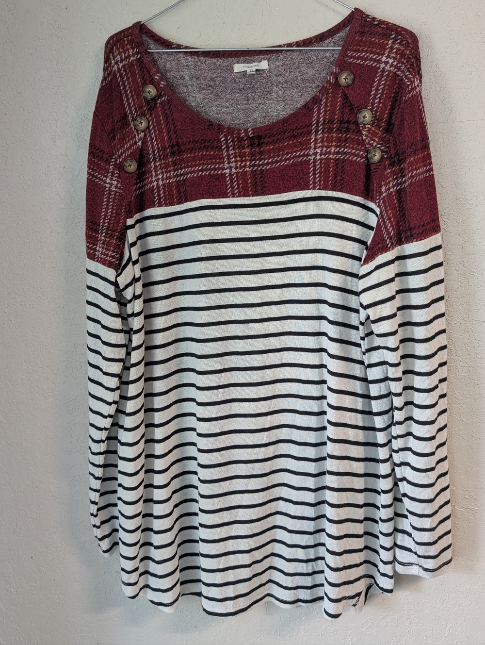 Maurices Burgundy Plaid Yoke Striped Long-Sleeve Top XXL Boho Cottagecore Tunic